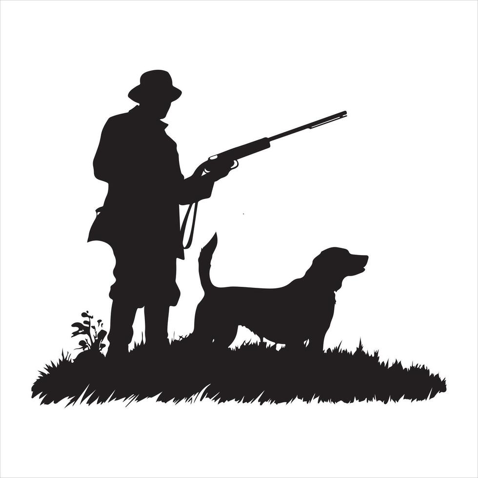 Hunter with dog aiming with rifle on pheasant. Outdoor silhouette white background vector