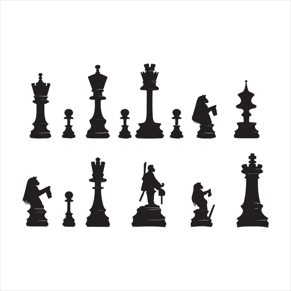 chess set chess piece king queen silhouette white background vector