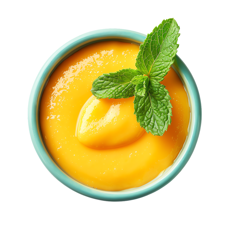 Overhead view of a bowl of creamy mango puree garnished with fresh mint leaves, isolated on a transparent background. png