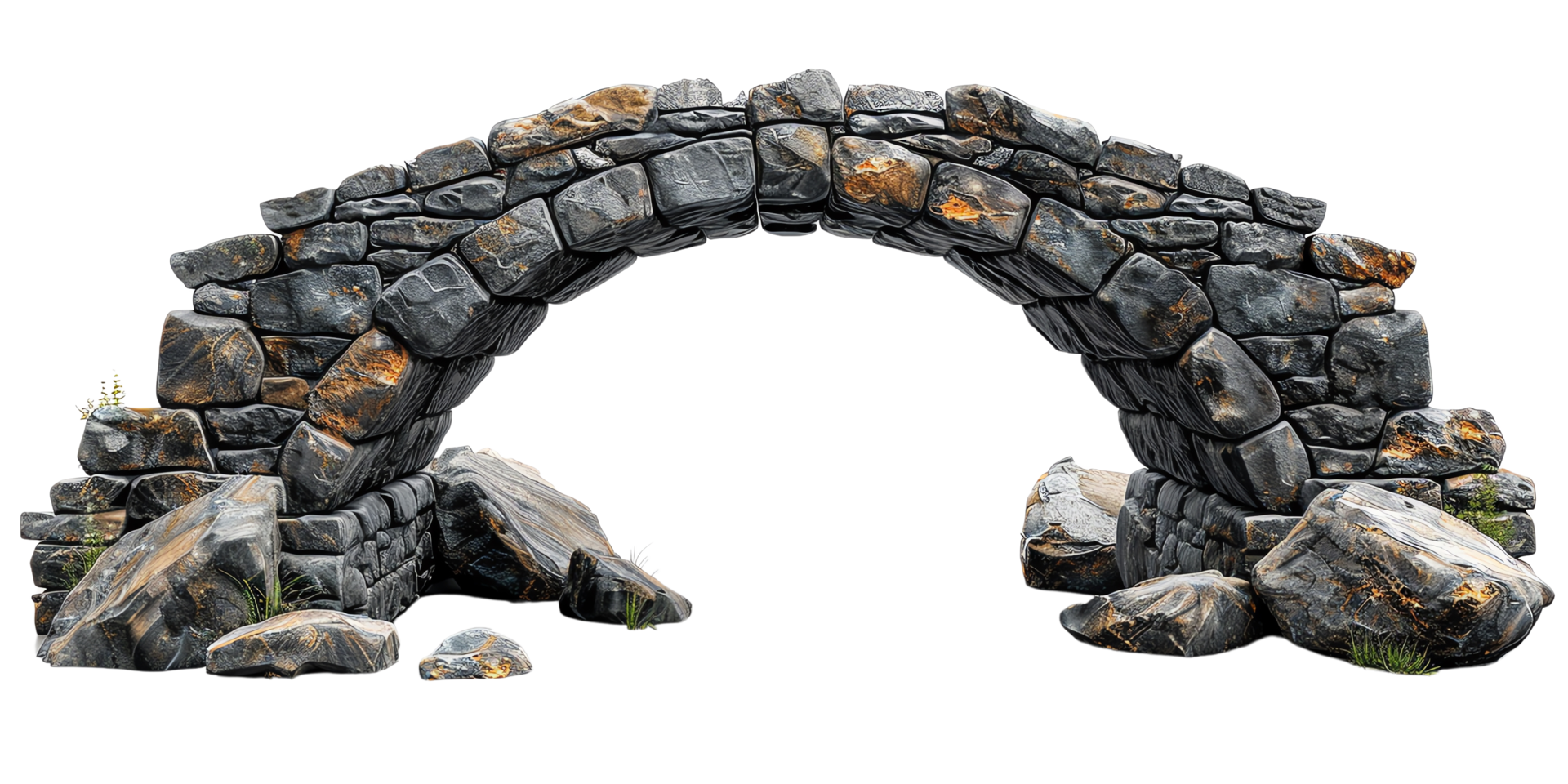 Ancient stone arch bridge ruins isolated on transparent background, showcasing historic architecture and old masonry craftsmanship. png