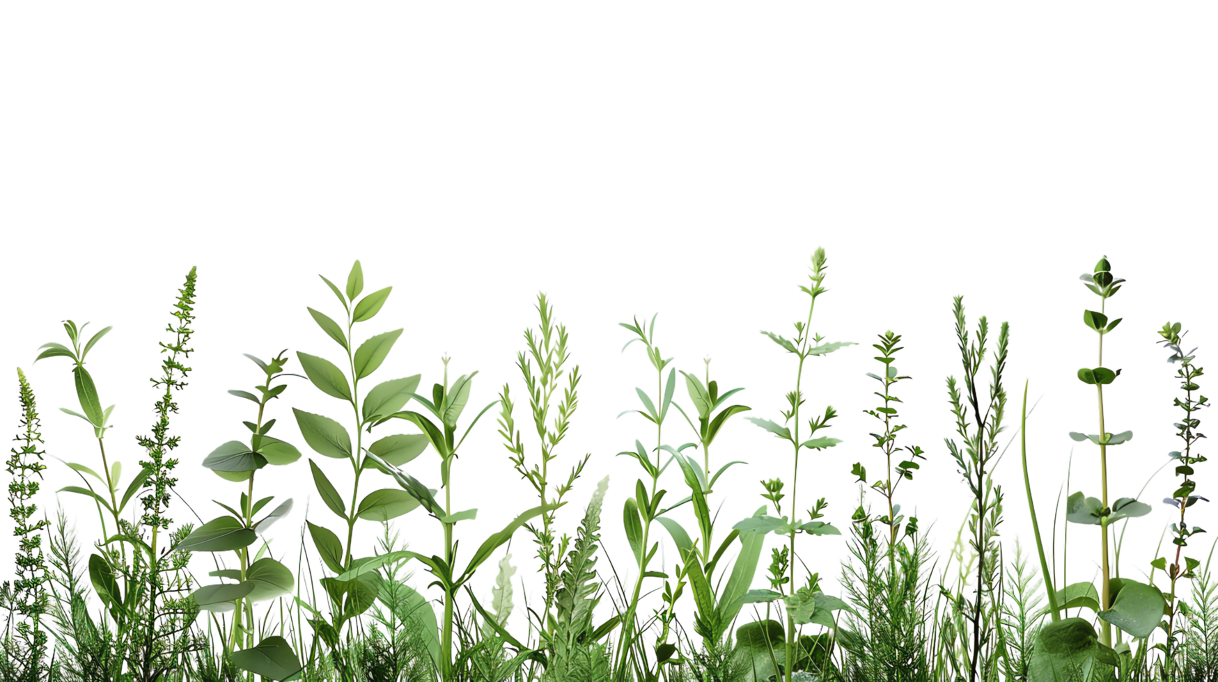 High-quality image of various green herbs and plants on a clean transparent background. Perfect for nature, botanical, or gardening themes. png