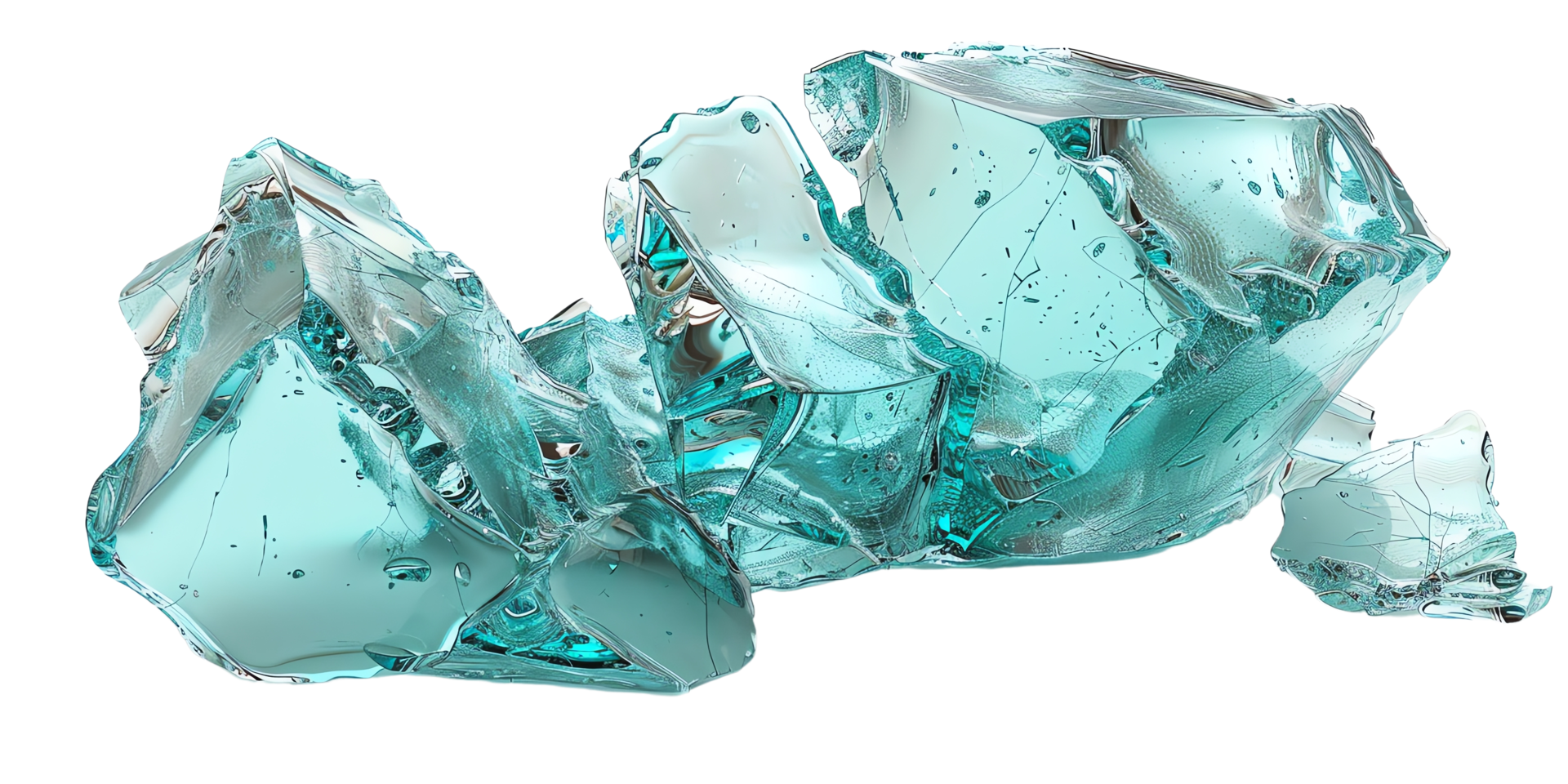 Close-up of blue-green glass-like crystal formations, showcasing their intricate structure and clarity, isolated on a transparent background. png