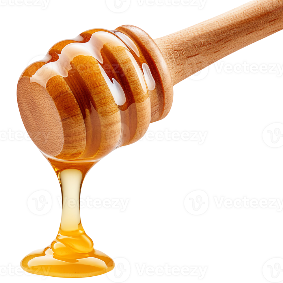 Dripping honey from a wooden dipper, isolated on a transparent background. Sweet and natural honey flowing smoothly from the dipper. png