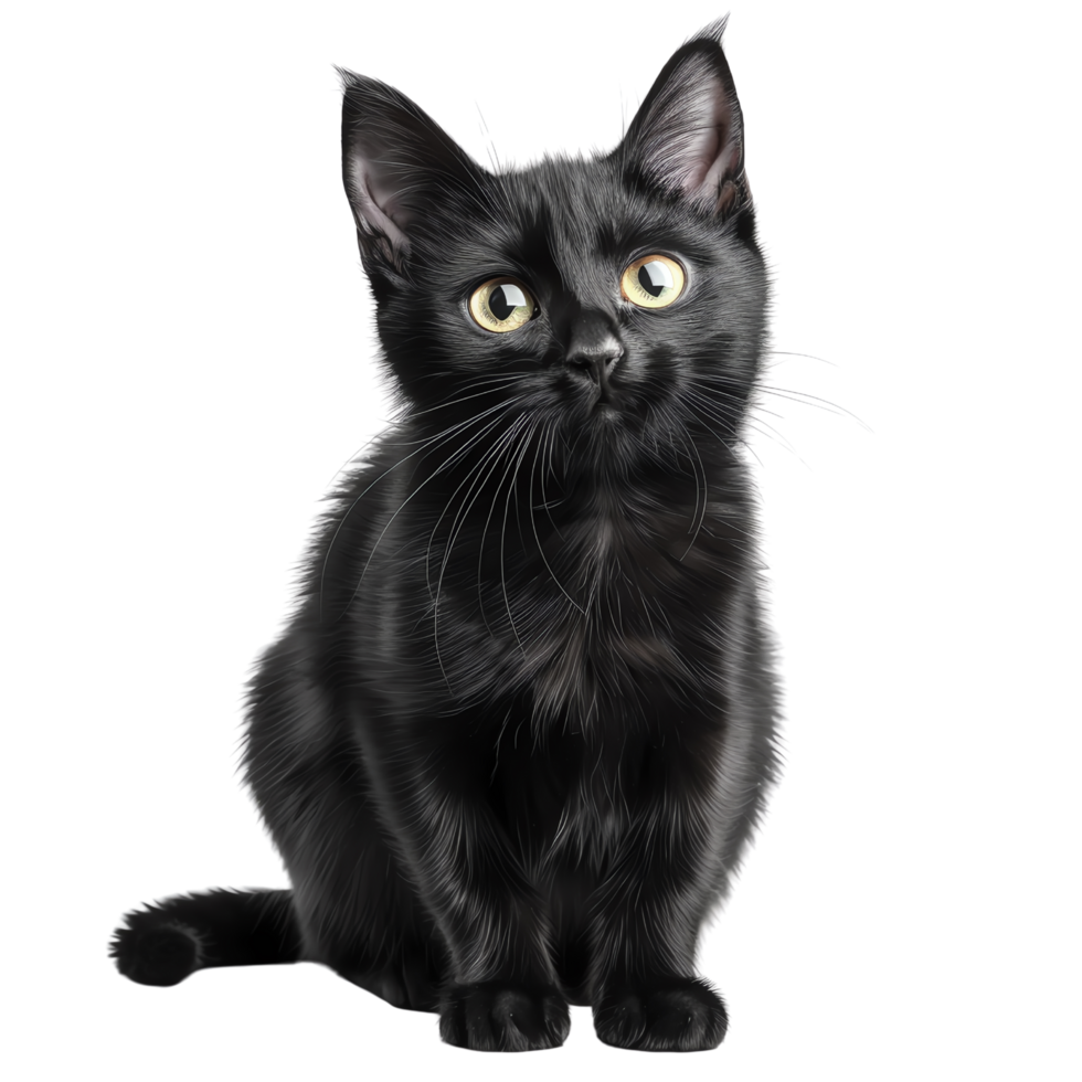 Portrait of a fluffy black cat with piercing yellow eyes, looking attentive and curious against a transparent background. png