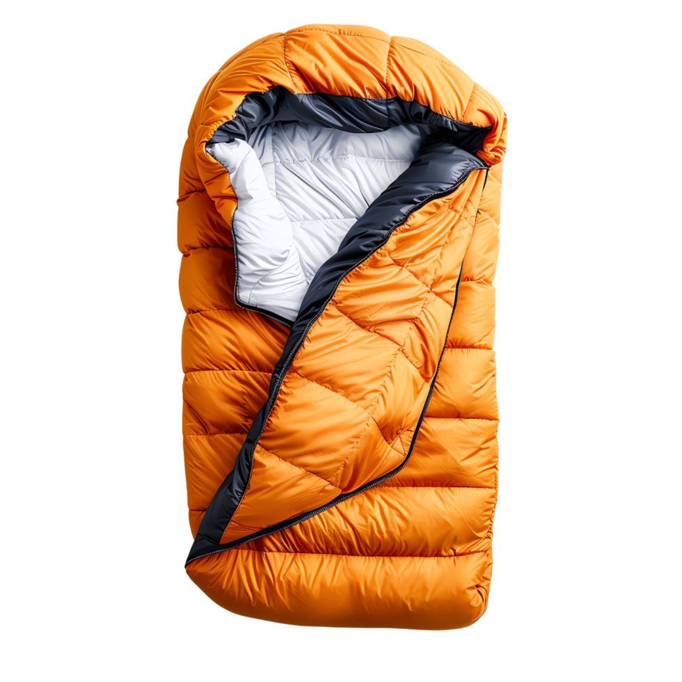 Orange sleeping bag isolated on transparent background. Comfortable and warm camping gear for outdoor adventures and backpacking trips. png