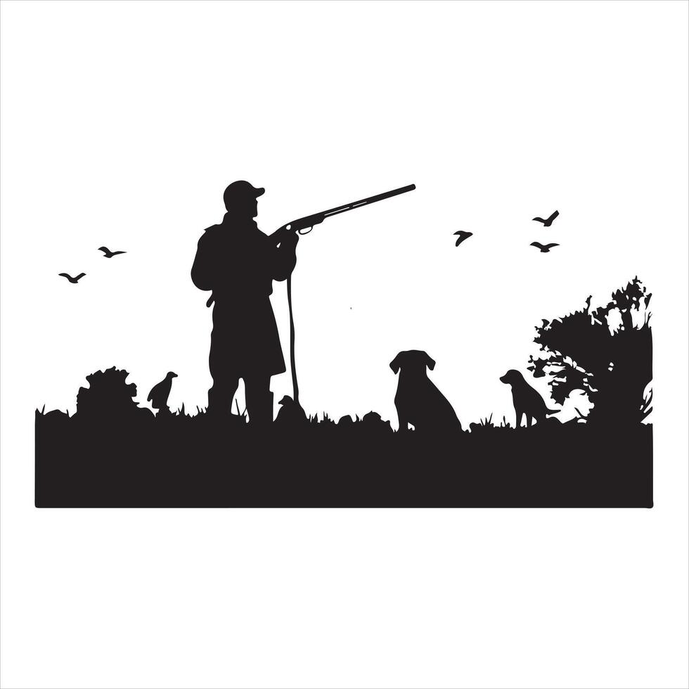 Hunter with dog aiming with rifle on pheasant. Outdoor silhouette white background vector