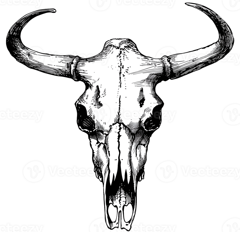 Black and White Vintage Hand Drawn Animal Skull Illustration png