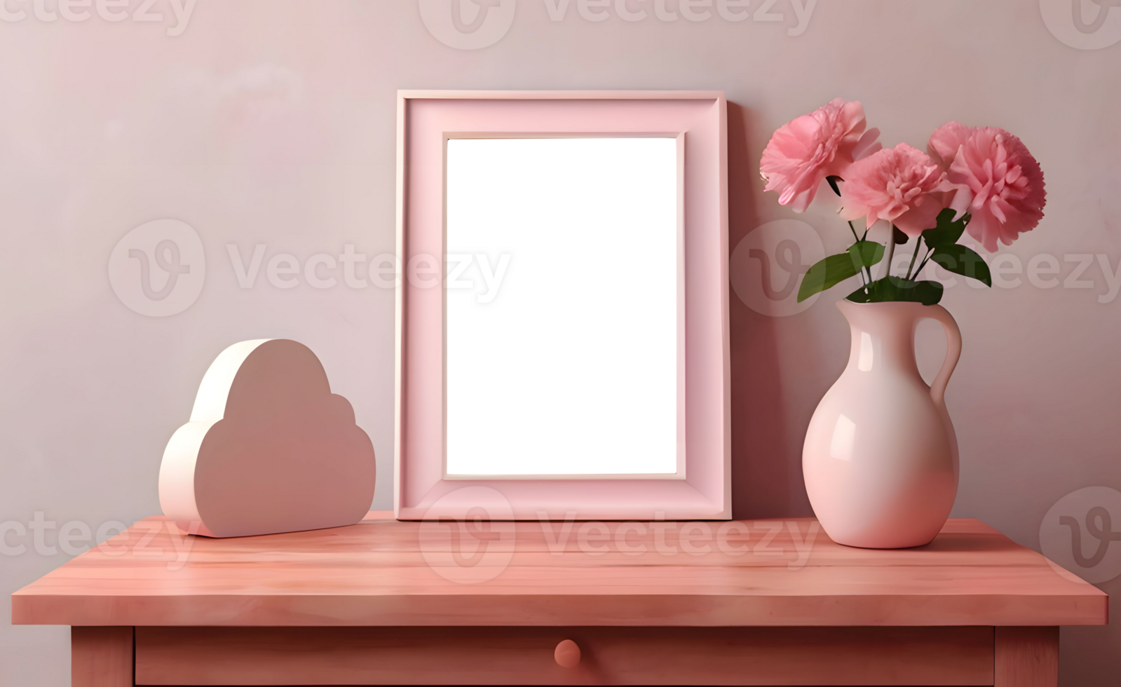 mockup with vertical pink empty photo frame and ceramic vase with flowers. objects stand on light wooden table against beige wall. cute decor of modern minimalist interior in pastel colours png