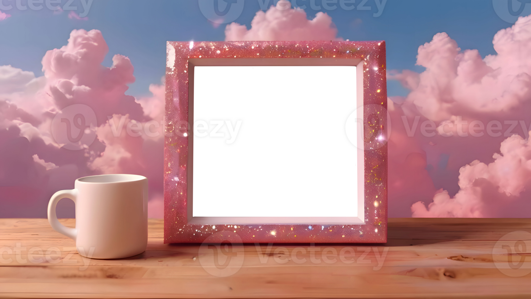 vertical pink shiny empty photo frame mockup. glamour home decor objects stand on light table against pink clouds. dreamy delicate frame png