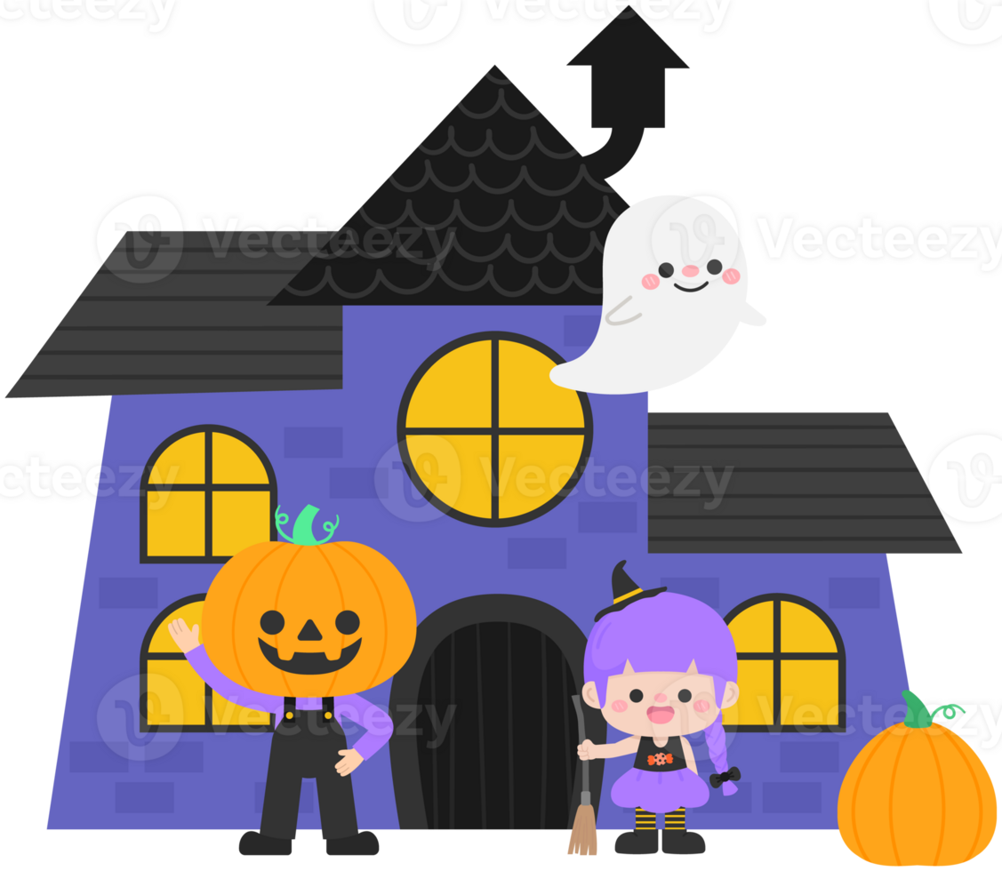 Kid hand drawn cute happy halloween haunted house png
