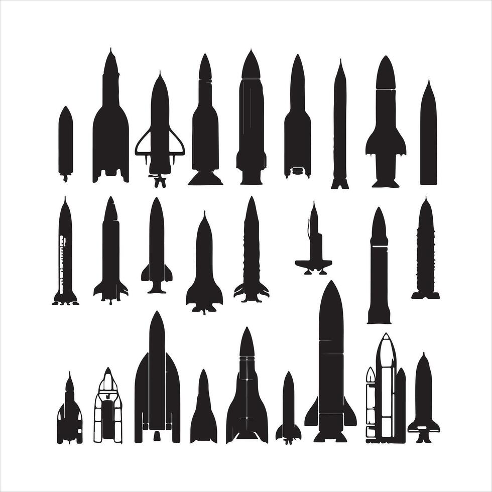Rocket space silhouettes set large pack of silhouette white background vector
