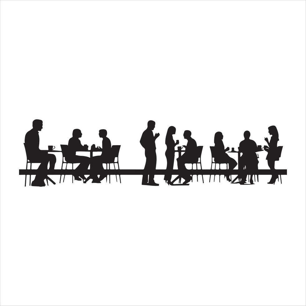 Panorama of silhouettes of people eating food and drink silhouette white background vector