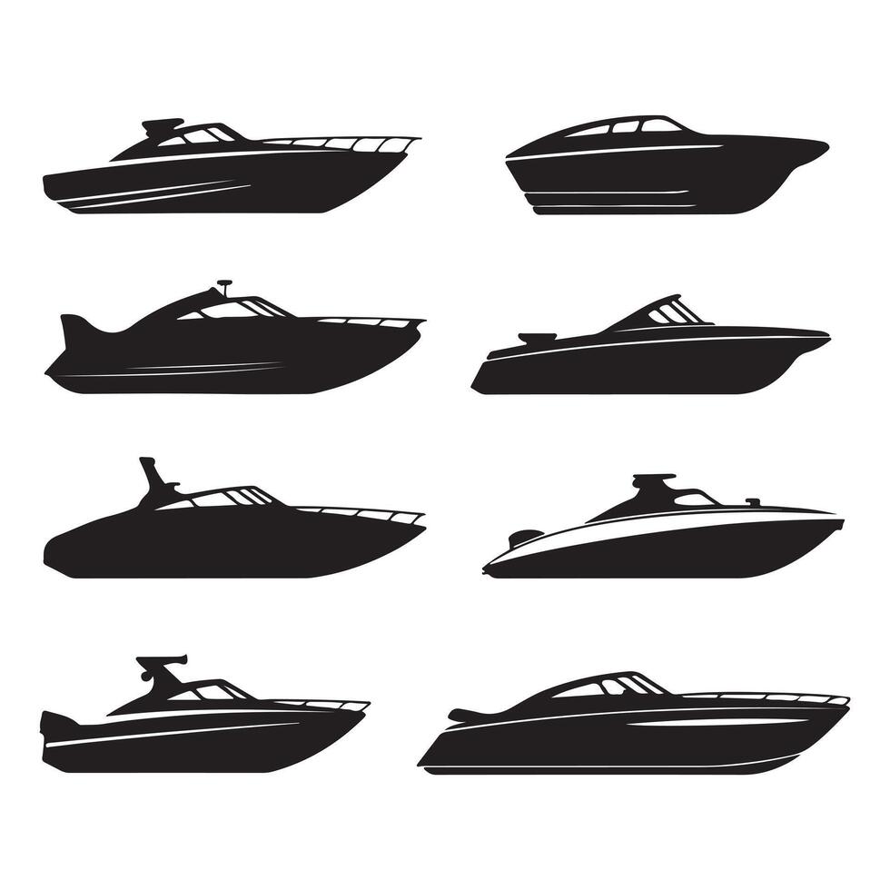 Set collections black speed boat silhouette white background vector