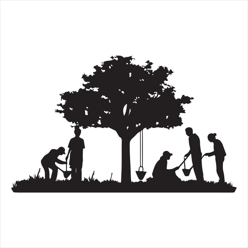 Planting tree and landscaping silhouette on a white background vector