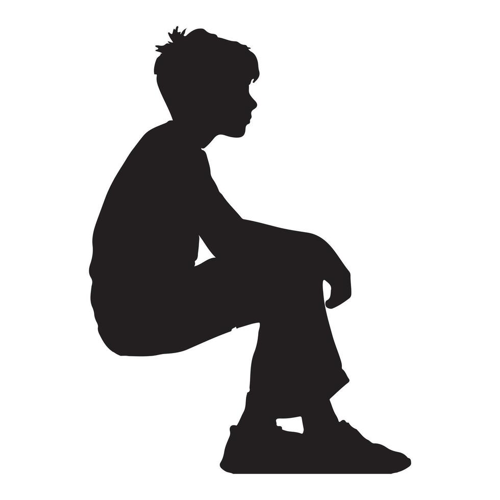 Side profile portrait silhouette of a boy sitting silhouette white background vector
