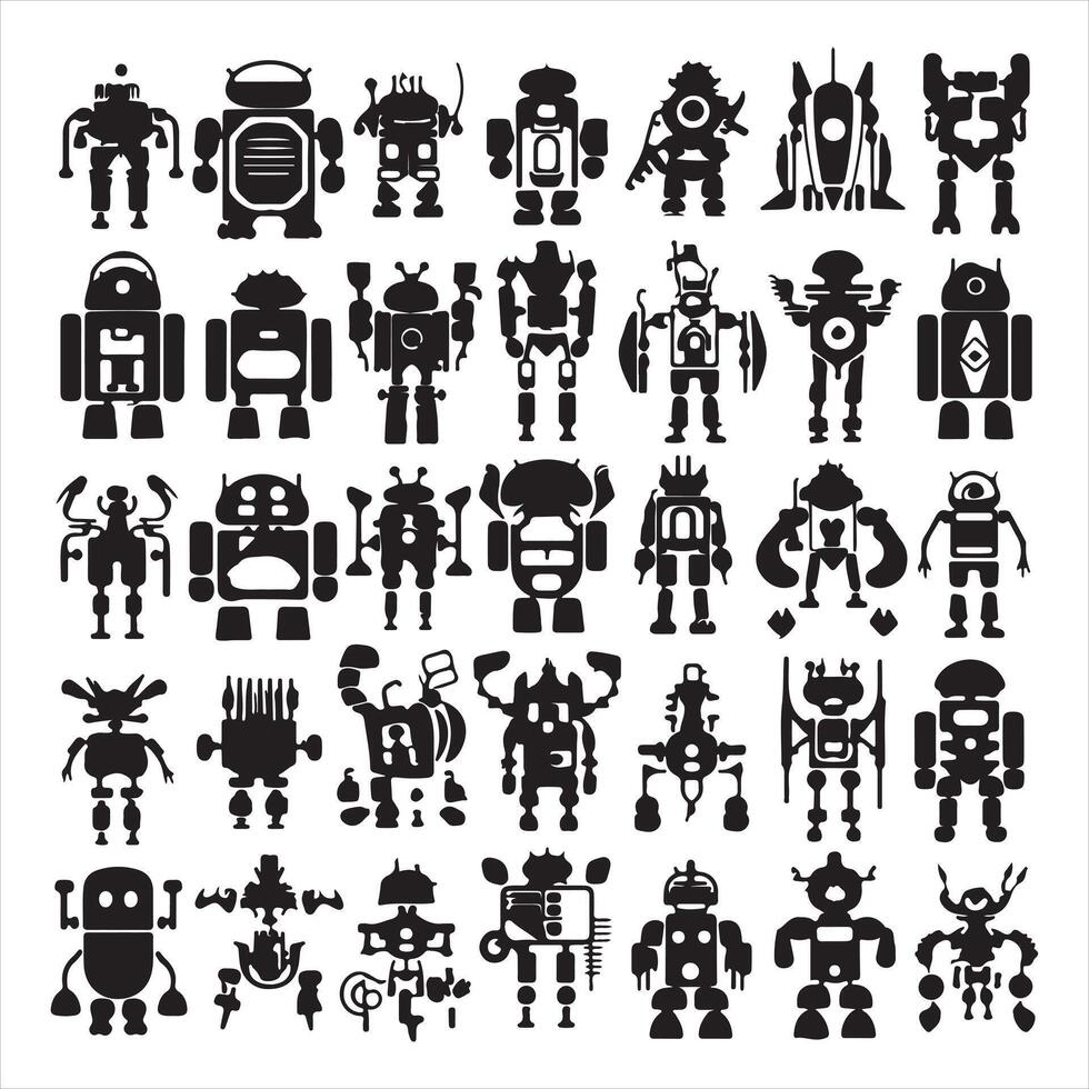 Robot silhouettes set large pack of silhouette white background vector
