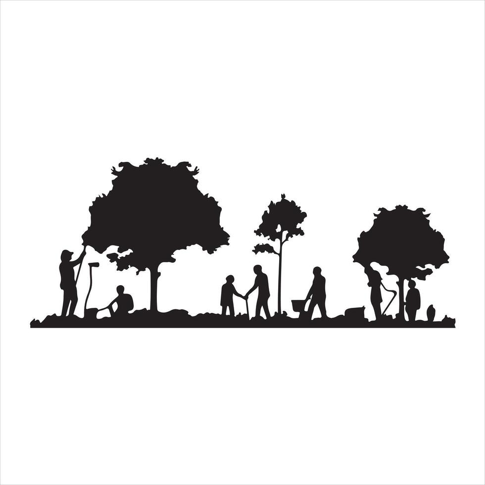 Planting tree and landscaping silhouette on a white background vector