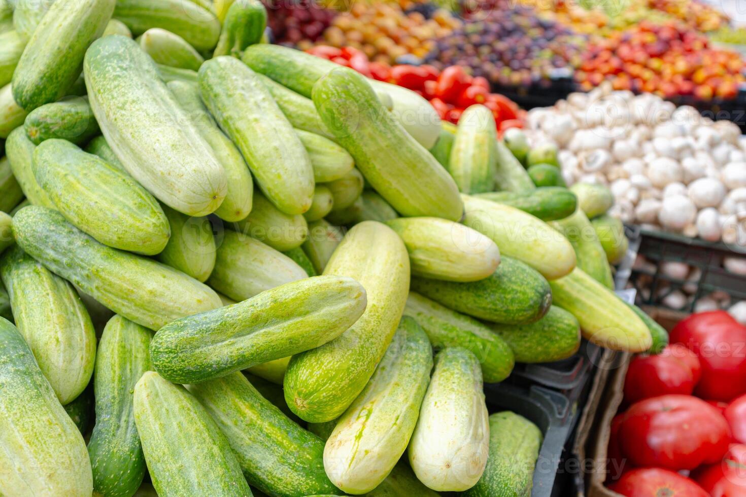 Vegetables for sale at a street market. Cucumbers in the foreground. photo