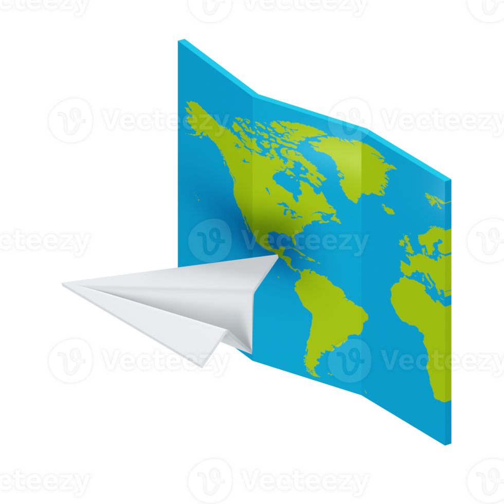 a 3d isometric travelling maps with paper plane on it png