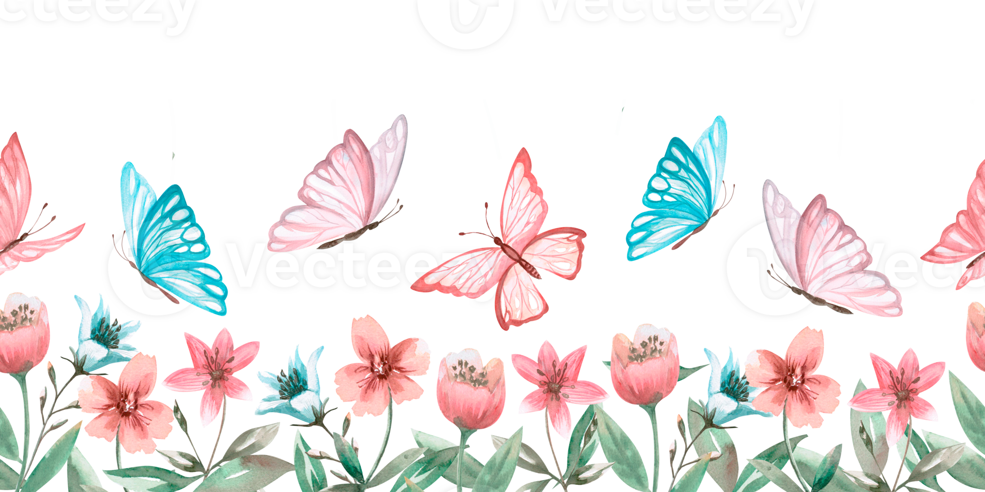 Fairytale butterflies and flowers in a seamless border. Watercolor illustration on a children's theme for decorating rooms, posters, postcards, notebooks. Illustration is isolated from the background. png