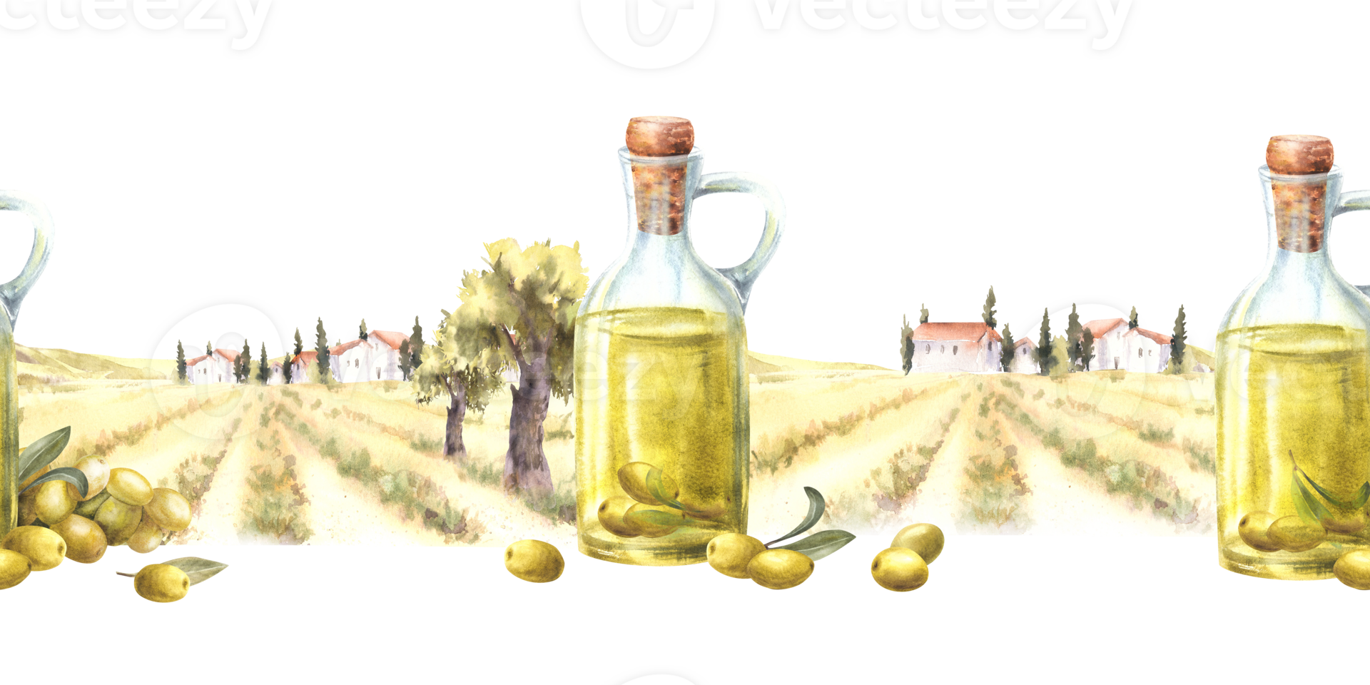 Olive oil in glass bottle in front of the rural farm landscape seamless border, pattern. Watercolor painted Olive tree harvest. Food label with farm fields background. Hand draw illustration isolated png