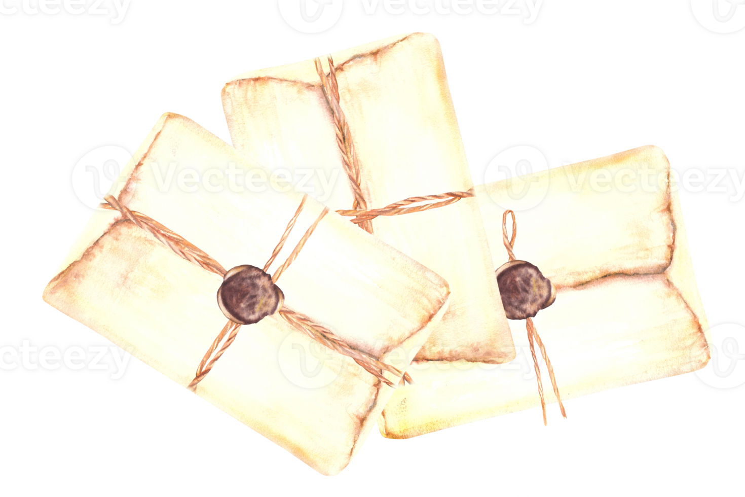 Old letters sealed with sealing wax and tied with string. Watercolor vintage post, postal old paper. Hand drawn illustration. Clipart for invitation, greeting card, Christmas on isolated background png