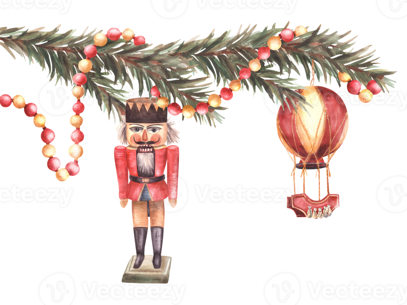 The Nutcracker, garland, hot air ballon toy hanging from a spruce branch of Christmas tree. Traditional new year fir decor. Watercolor painted illustration Festive card template on isolated background png