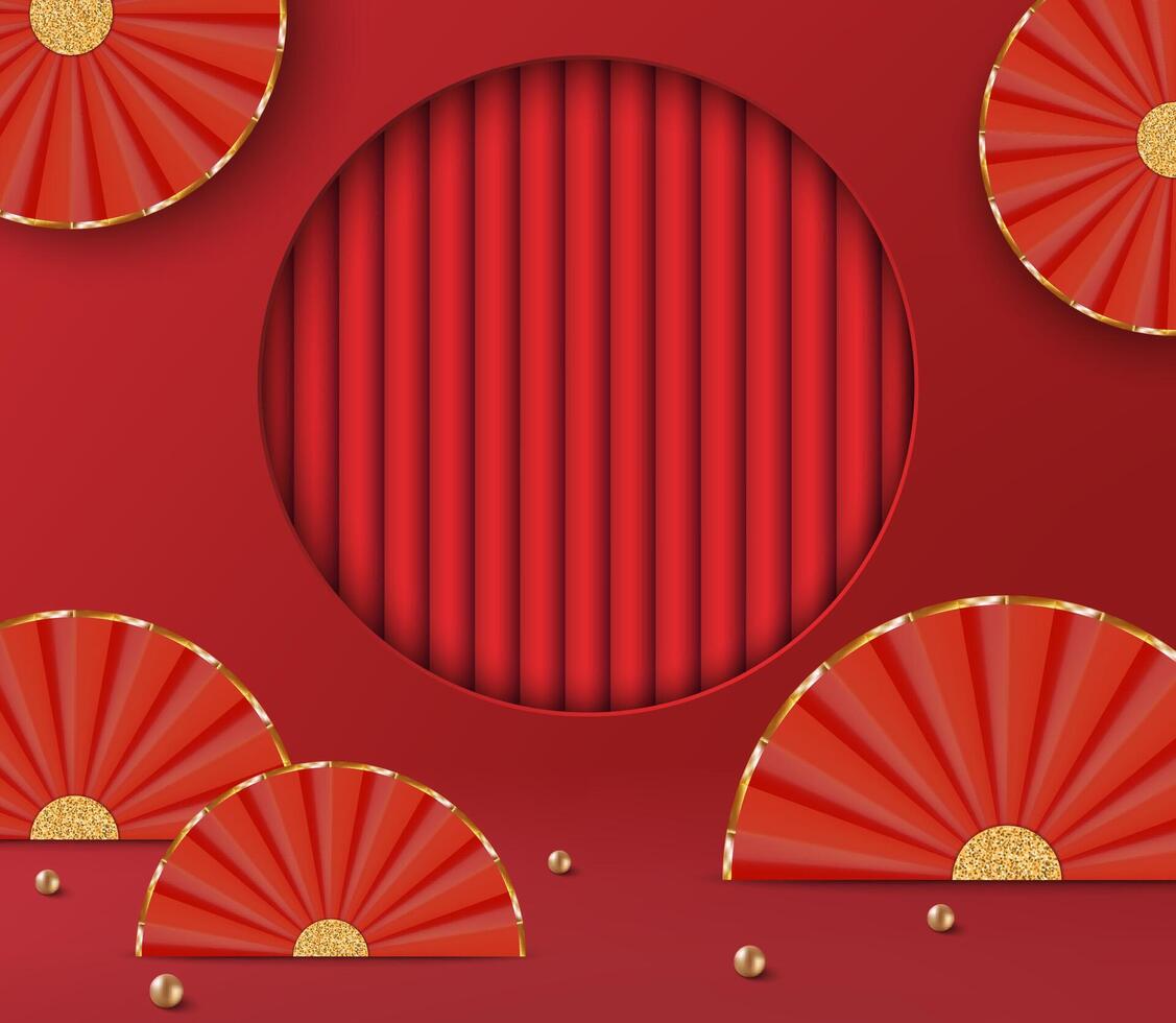 Chinese background, decorative classic festive red background with Oriental Asian style paper fan, illustration vector