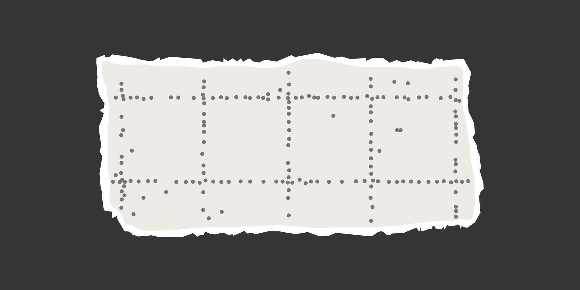 Torn rectangular sheet of checkered paper with jagged edges on a dark background. Dotted textured background, noisy gritty effect. Banner template, empty space for text, ripped frame. vector