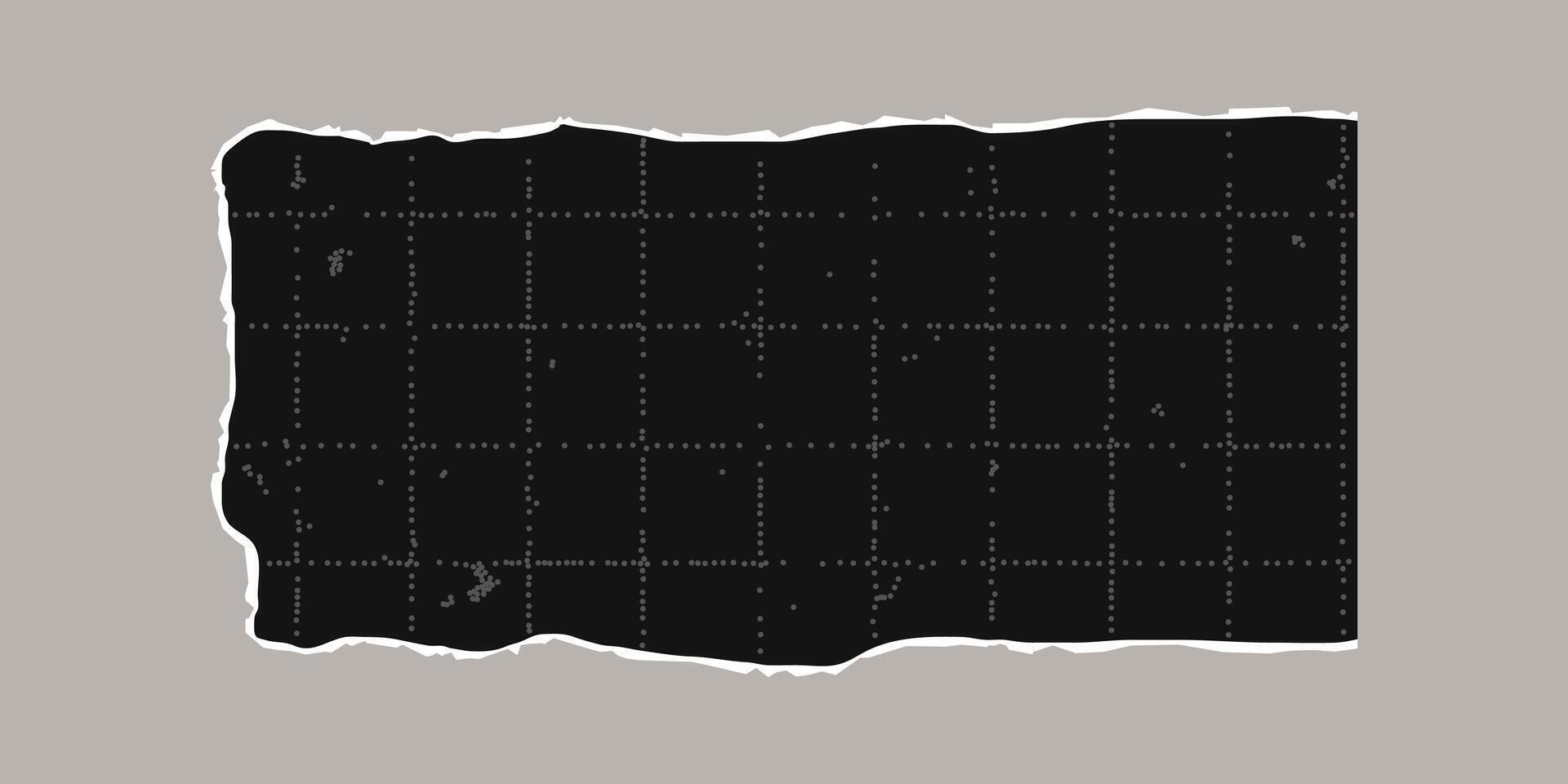 Black thin torn sheet of checkered paper with uneven edges. Black dotted textured background, noisy gritty dot effect. Banner template, empty space for text, aged paper. vector