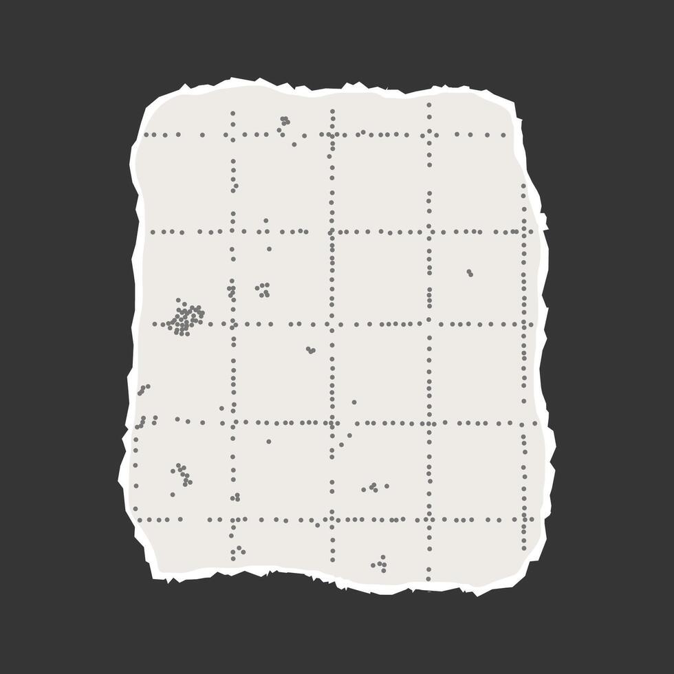 Torn rectangular sheet of checkered paper with jagged edges on a dark background. Dotted textured background, noisy gritty effect. Banner template, empty space for text, ripped sticker. vector
