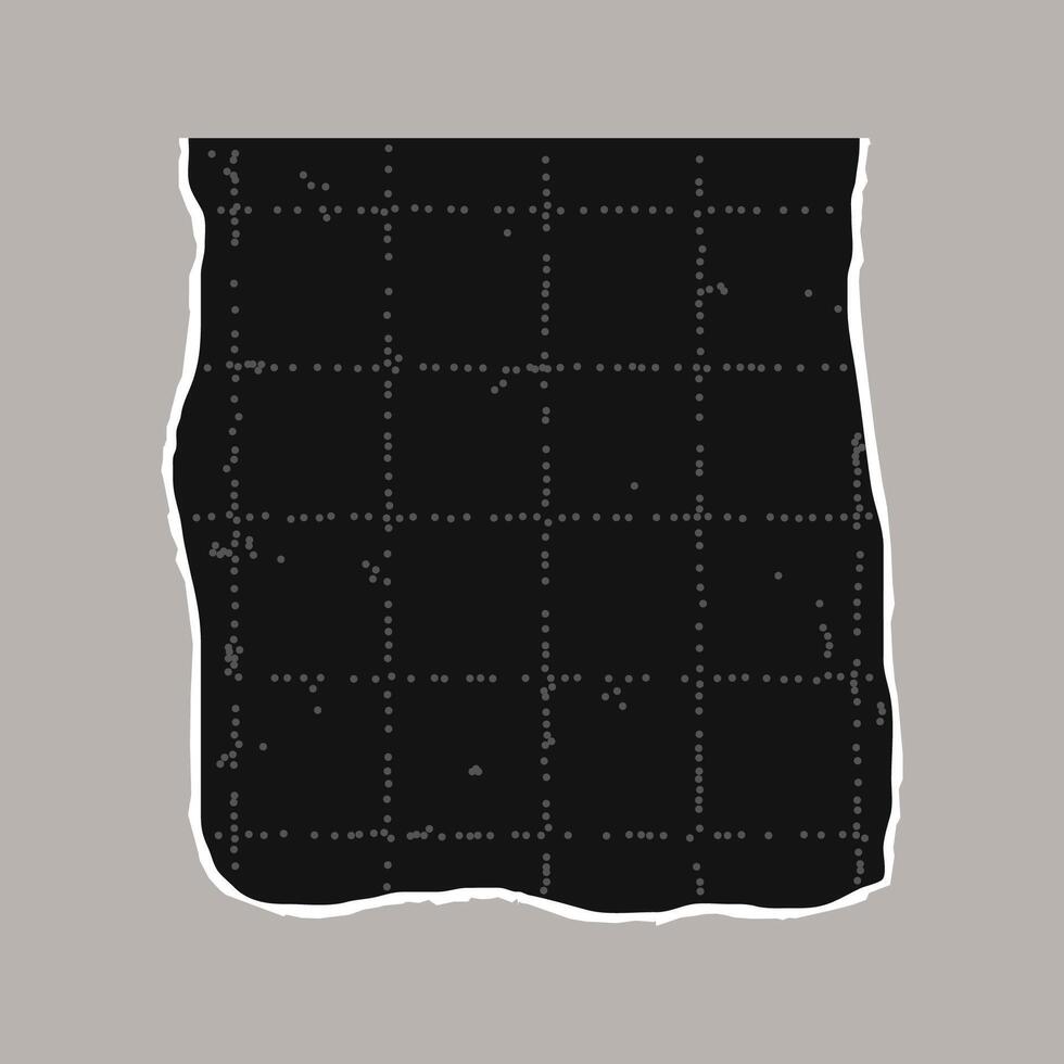 Black torn sheet of checkered paper with jagged edges. Black dotted textured background, noisy gritty dot effect. Banner template, empty space for text, ripped grunge element. vector