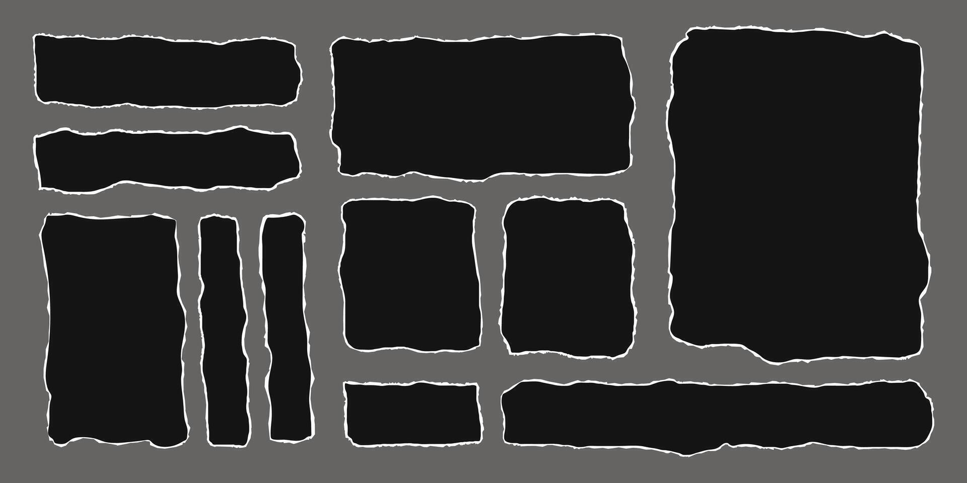 Set of black torn rectangular paper sheets with jagged edges. Ripped elements of different shapes. Empty space for text, banner template. vector