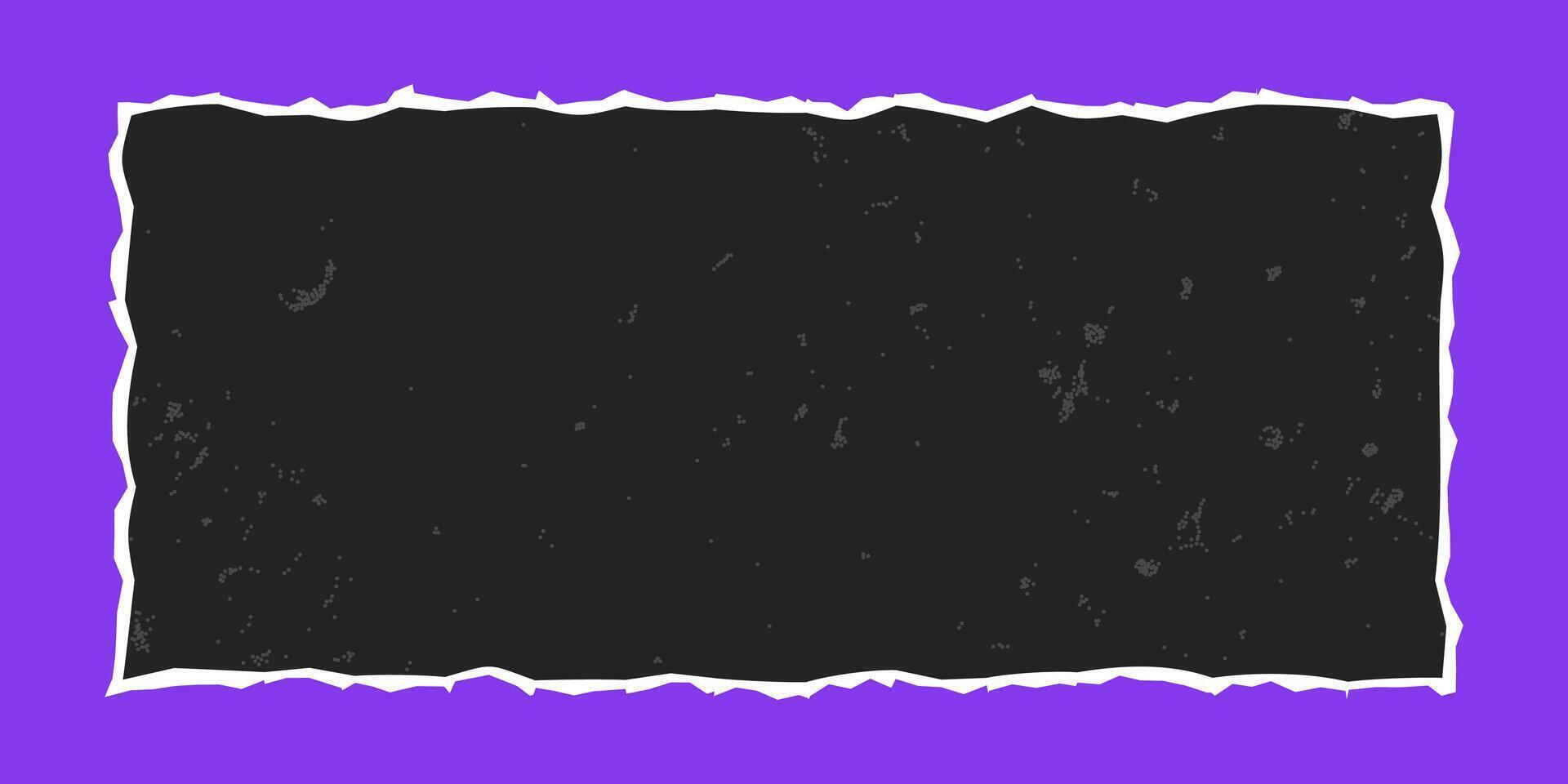 Black rectangular frame with vintage gritty texture, element with jagged edges isolated on purple background. Old torn ripped paper, banner template. vector