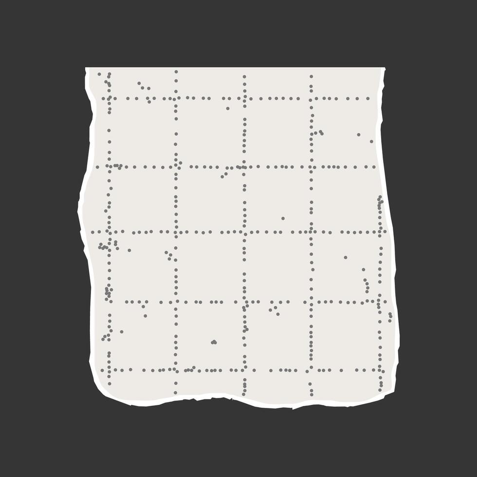 A torn piece of a sheet of checkered paper with jagged edges on a dark background. Dotted textured background, noisy gritty effect. Banner template, empty space for text, ripped sticker. vector