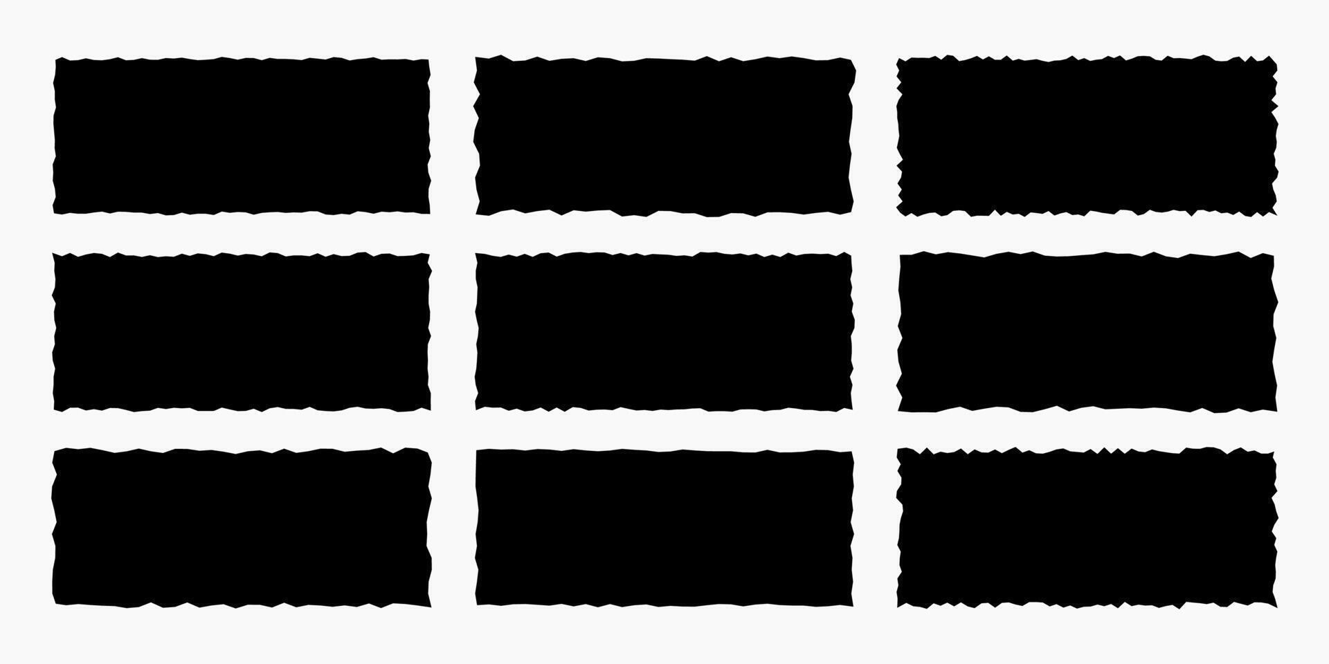 Set of black frames, torn paper shape, rectangles with jagged edges isolated on white background. Template for text, banner. vector