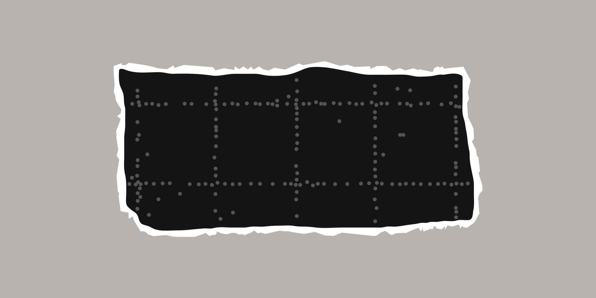 Black thin torn sheet of checkered paper with uneven edges. Black dotted textured background, noisy gritty dot effect. Banner template, empty space for text, grunge frame. vector