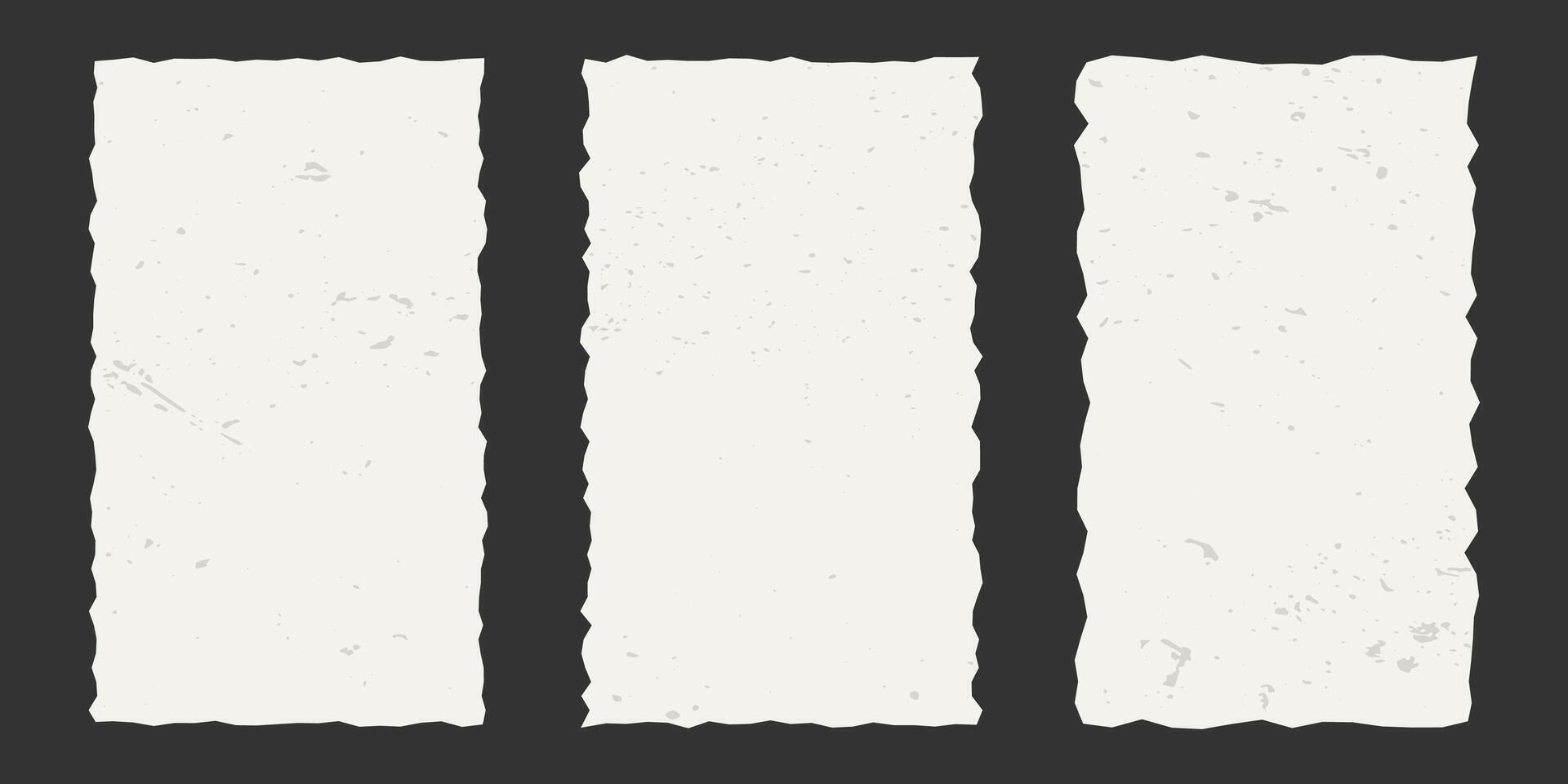 Set of vertical vintage torn rectangular paper sheets with jagged edges. Ripped elements with gritty texture. Empty space for text, template. vector