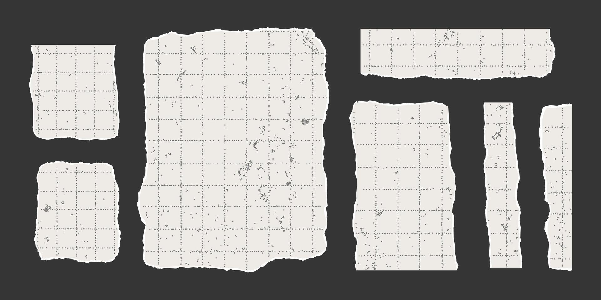 Set of torn rectangular sheets of aged checkered paper with jagged edges. Ripped elements of different shapes with gritty vintage texture. Empty space for text, banner template. vector
