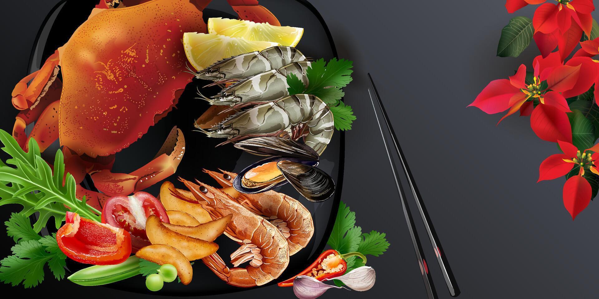 Japanese style seafood dish with crab and king prawns. vector