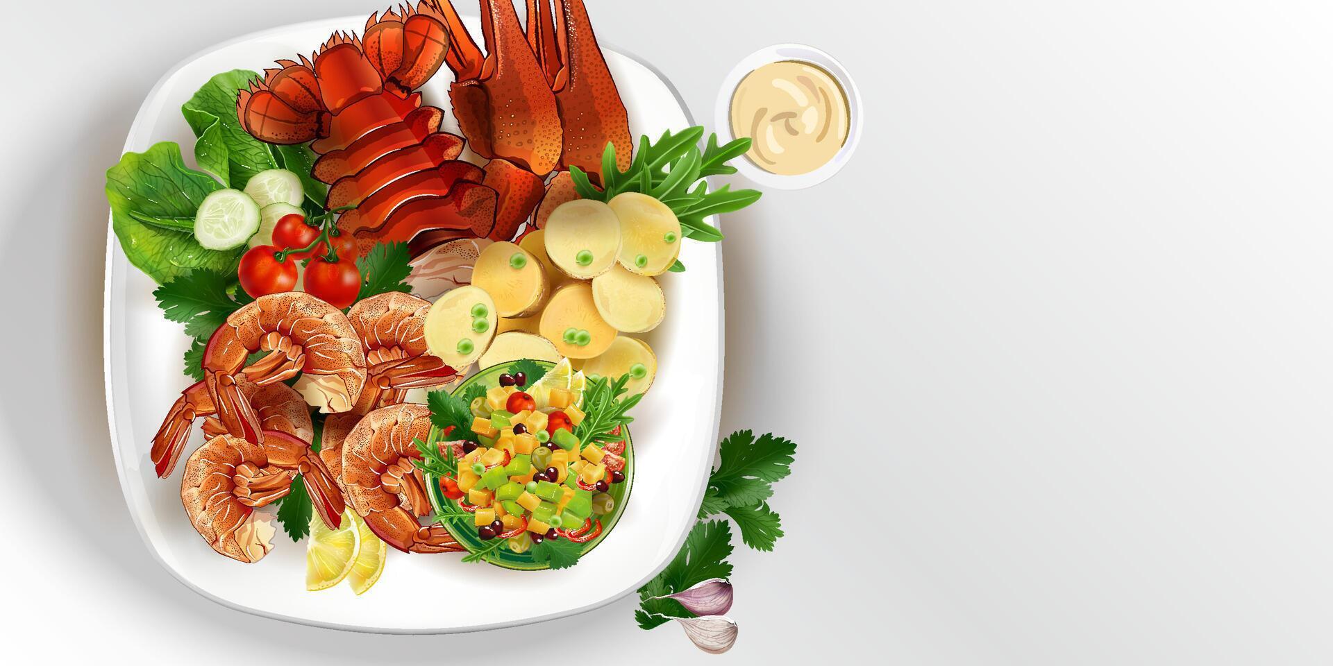 Lobster and shrimps with vegetables on a white plate. vector
