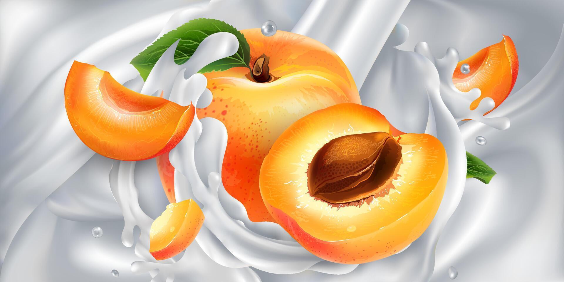 Apricots in a stream of milk or yogurt. vector