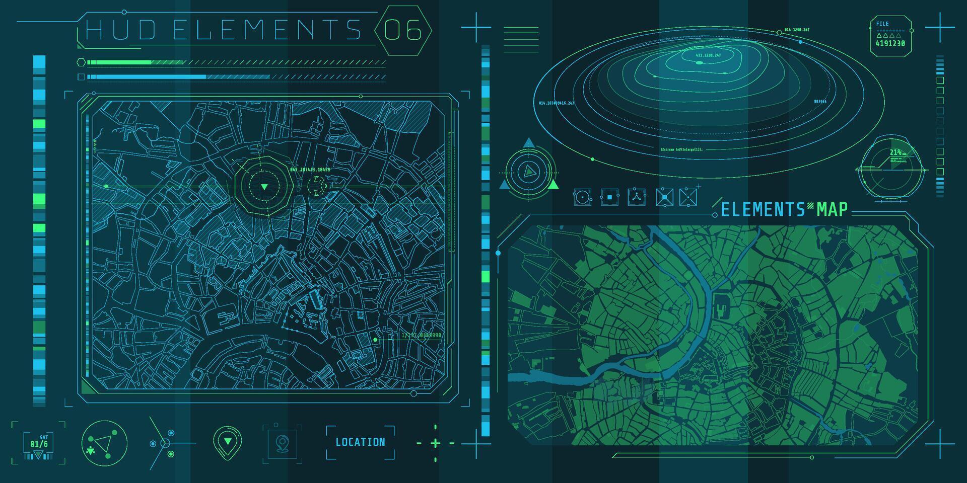un conjunto de hud mapas elementos para un futurista interfaz. vector