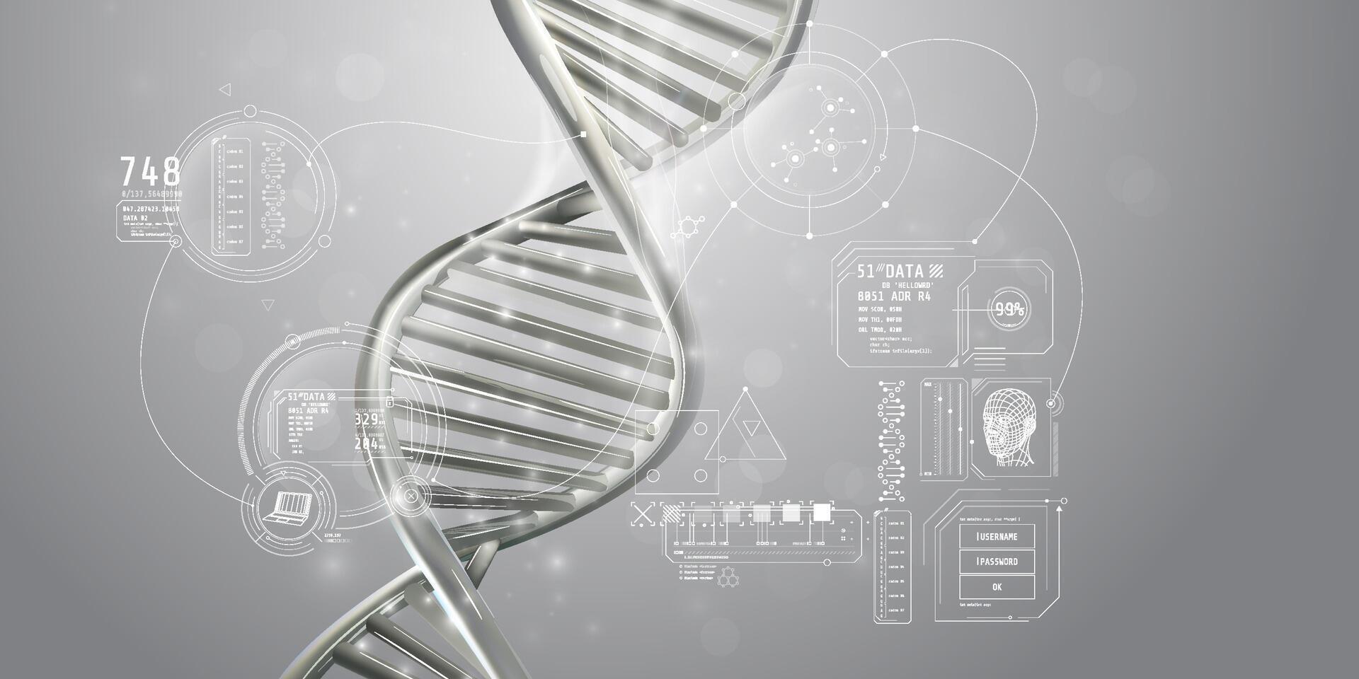 DNA spiral and genetic data infographics in light gray colors. vector
