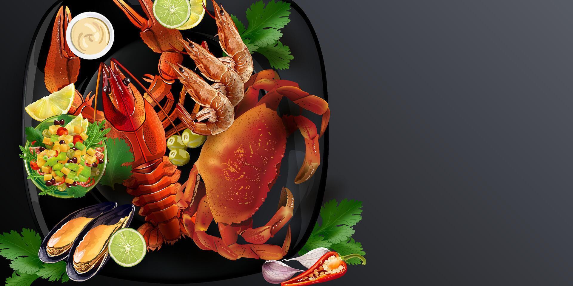 Mediterranean seafood - crab, lobster, shrimps and mussels with salad. vector