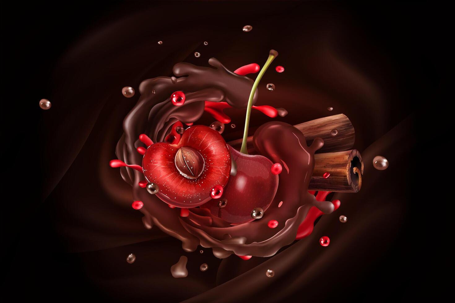 Cherry berries and cinnamon sticks on a chocolate background. vector