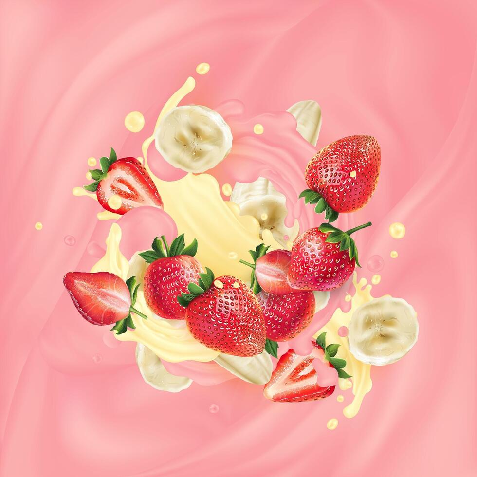 Banana slices and strawberries in pink and yellow yogurt. vector