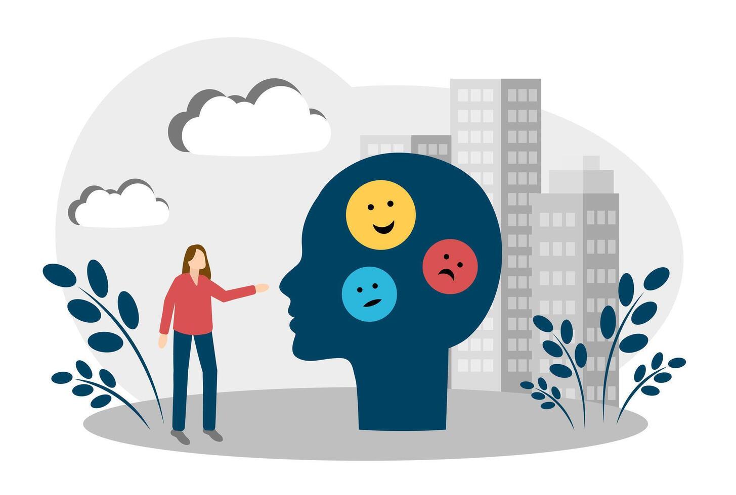 Different emotions of a woman. Symptoms of PMS. Woman's Head with Different Emoticons vector