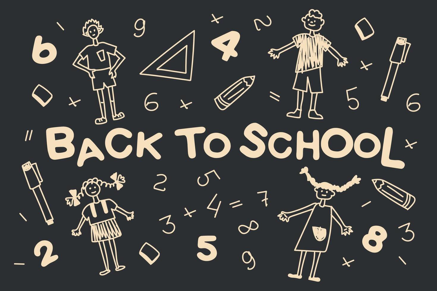 An illustration with school blackboard in doodle stile with children on a background. Funny girls with pigtails and red-haired boys. vector