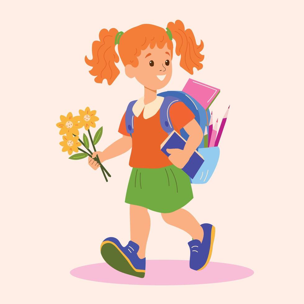 The illustration of a little girl and with red hair and bright smile, wearing a vibrant blue backpack, going to scool. vector
